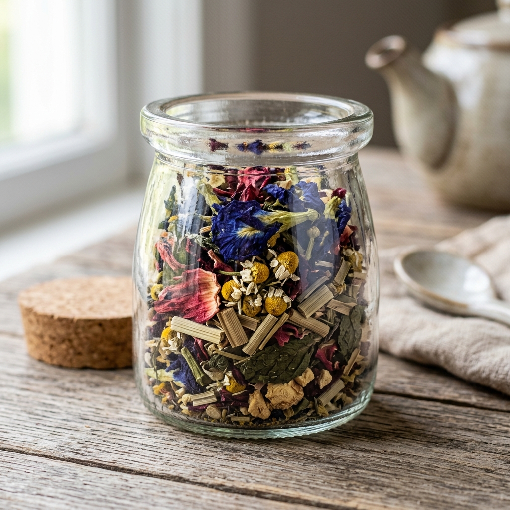 Beautiful blend of loose herbal tea leaves and botanical flowers